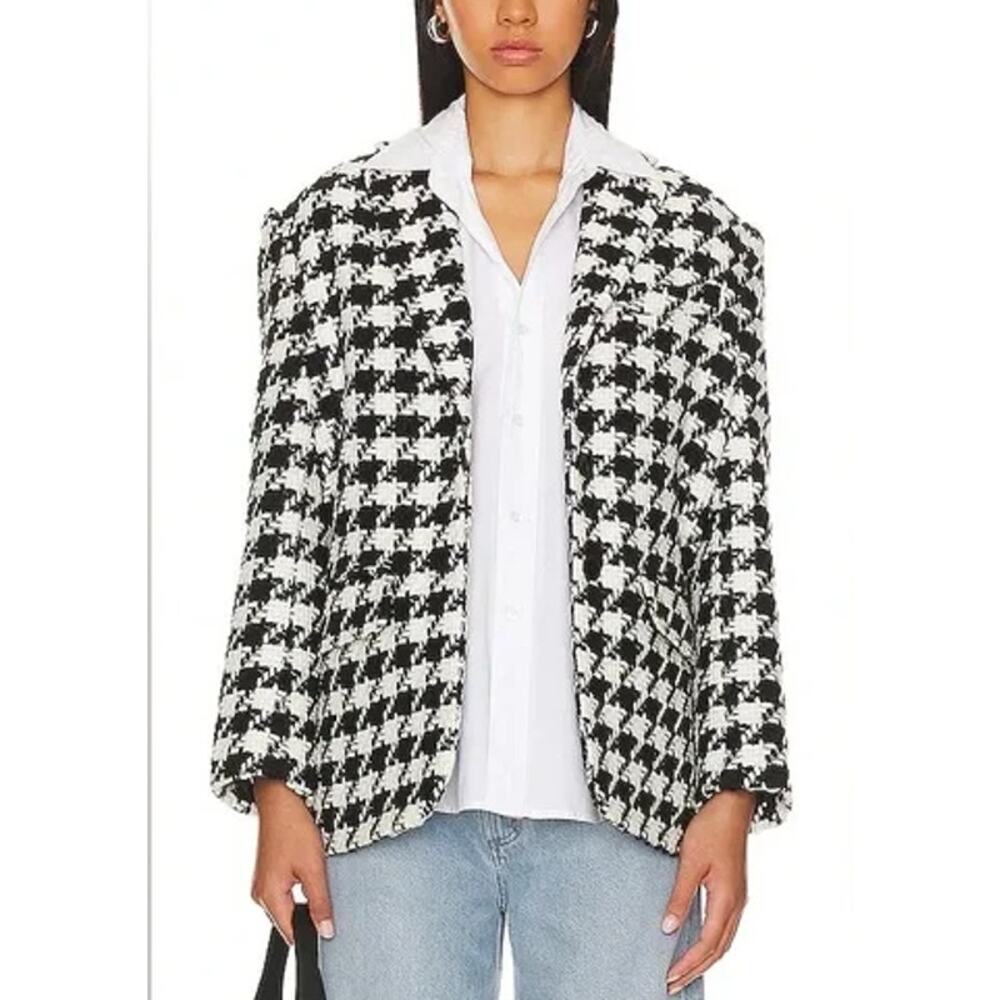 Anine Bing Quinn Tweed Blazer Houndstooth Black White Size XL NWT